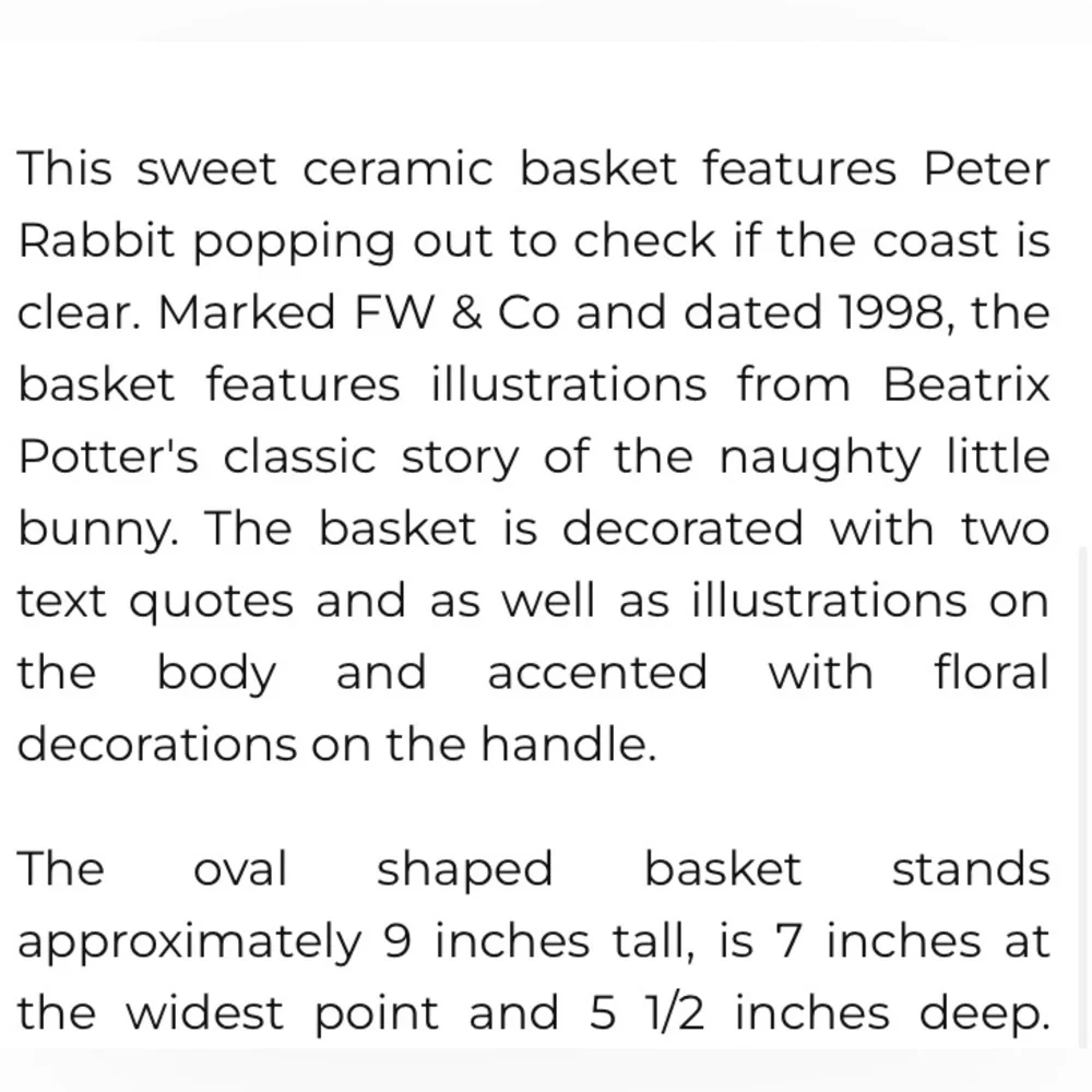 Vintage Beatrix Potter Easter Basket Bunny Rabbit Collectibles Floral Teleflora